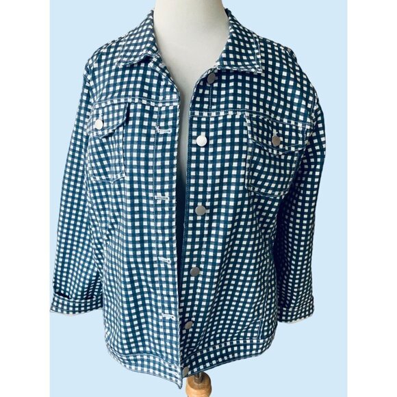 CHICO'S LADIES COLLARED BUTTON UP SHIRT JACKET BLUE WHITE PLAID POCKETS SIZE XL - Picture 5 of 7